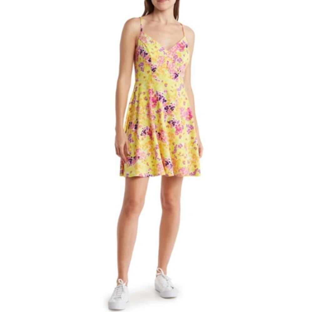 New ABOUND NORDSTROM Pink-Yellow Painted Floral V-Neck Skater Dress Size L